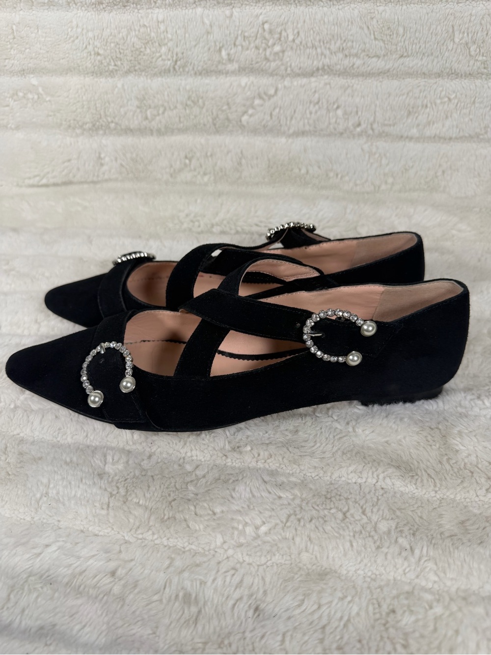 J.Crew Marina Pointed Flat Ballet Womens Size 9 Black Suede Jeweled Buckle